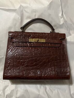Mulberry Croc-Embossed Top Handle Satchel in Dark Brown with Gold Hardware